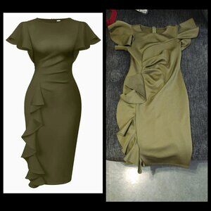 Memoriesea Women's Vintage Church Ruffle Sleeve Ruched Bodycon Work Midi Pencil